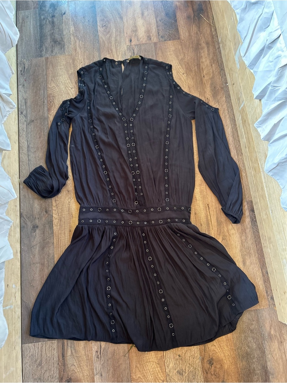Ramy Brook Black Eyelet-Trim Drop-Waist Mini Dress